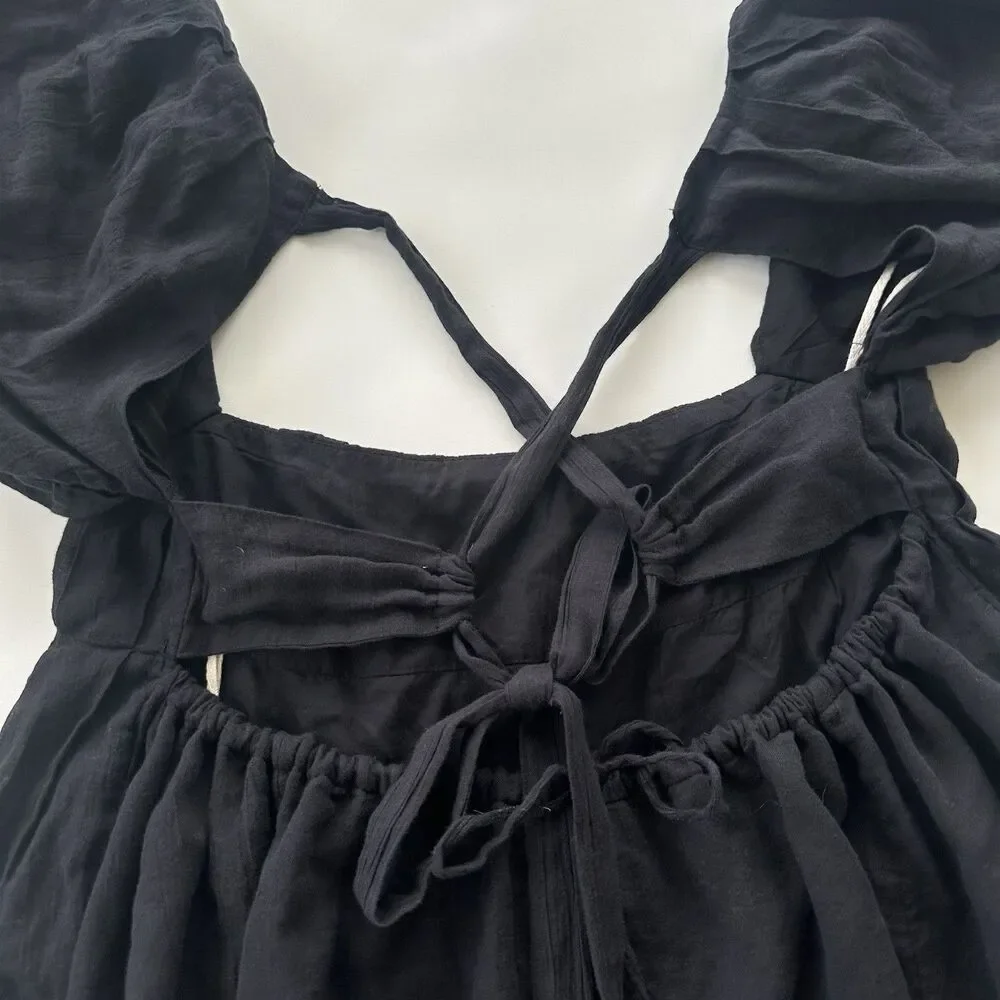 NWT Free People Marina Black Mini Dress Gauze Puff Sleeve Size Small